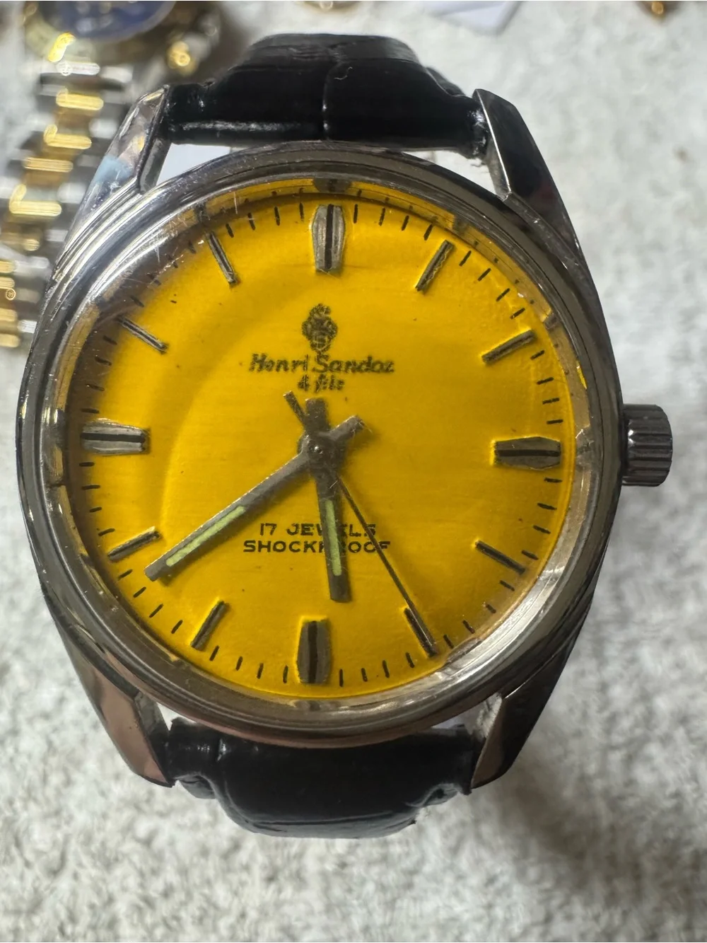 Henri Sandoz Men's Yellow Dial Leather Strap Watch